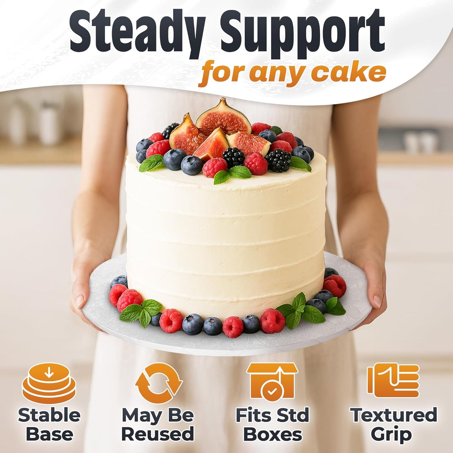 12 Inch Cake Drum, Black Cake Board for Picture-Ready Celebration Cakes, 1/2 Inch Thick Round Cardboard Base with Grease & Moisture Resistant Surface and Decorative Pattern for Parties and Weddings