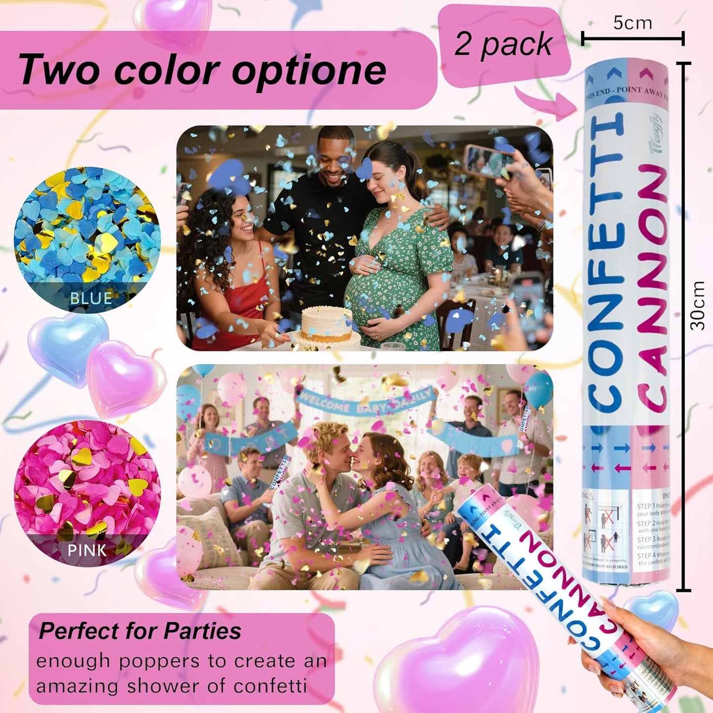 2 Pack Gender Reveal Confetti Cannon, 12 in Pink Square shaped Paper Party Poppers Cannons, Confetti Poppers For Baby Girl Gender Reveal Baby Showers (Square, Pink)