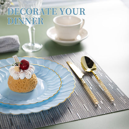 Lullaby 60PCS Ivory Scalloped Plastic Plates with Gold Rim, Disposable Elegant Plates Include 30pcs Dinner Plate 10.25", 30pcs Plastic Dessert Plate 7.5", Perfect for Wedding and Party