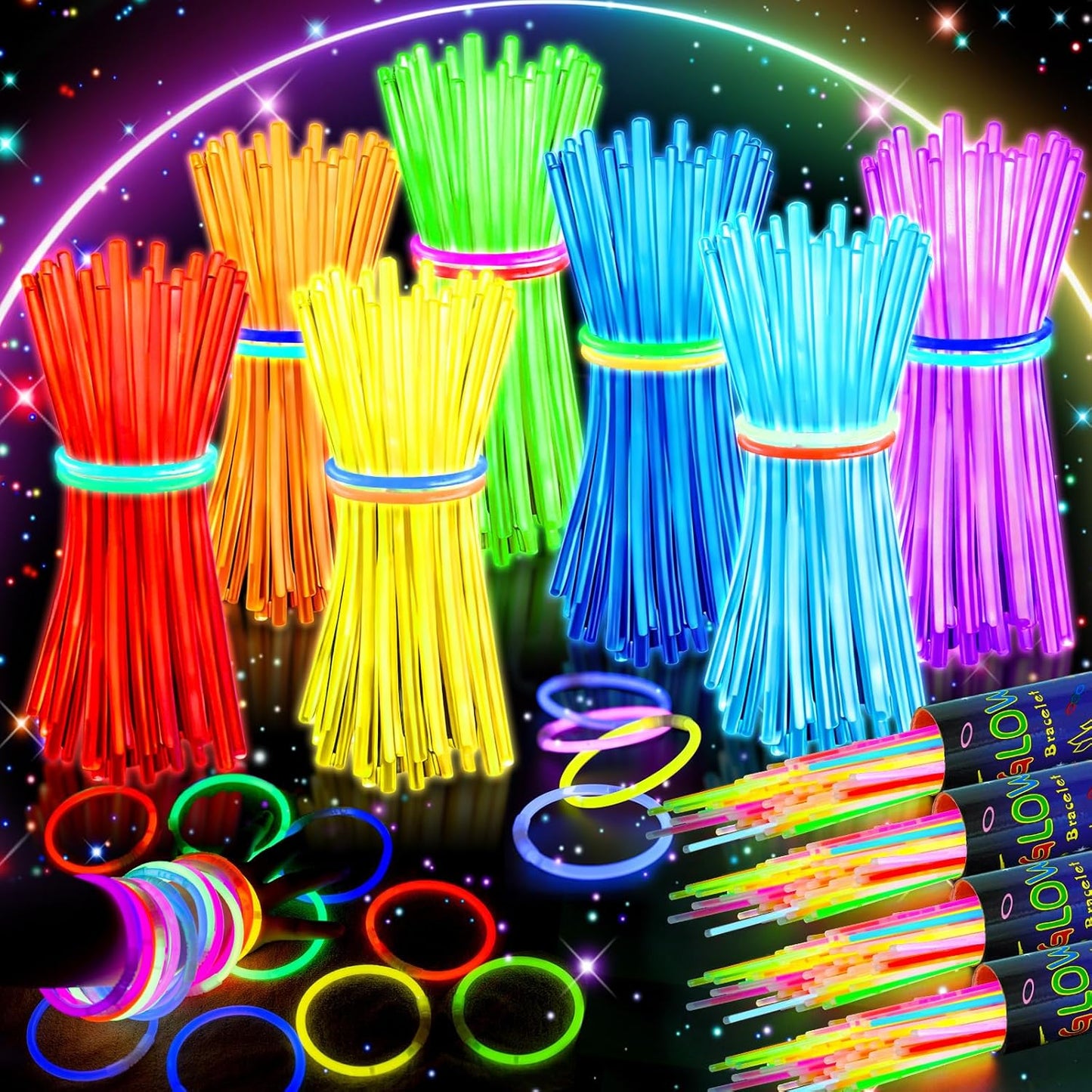 HONLYNE 100 Pack Glow Sticks Party Favors Bulk, 8" Glow in the Dark Party Supplies, Party Favors for Kids 8-12, Neon Glow Stick Bracelets & Necklaces for Raves, Halloween, Christmas, Birthdays