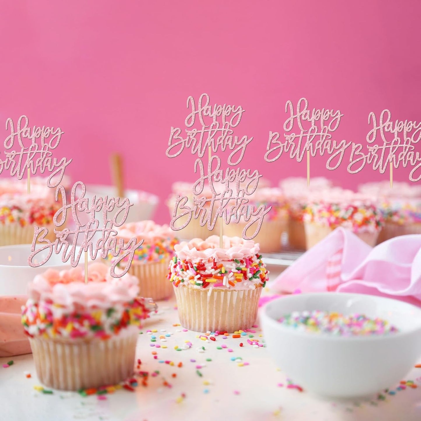 24 PCS Happy Birthday Cupcake Toppers Glitter Picks for Celebrating Anniversary Theme Party Cake Decorations Supplies Gold