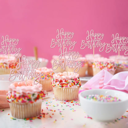 24 PCS Happy Birthday Cupcake Toppers Glitter Picks for Celebrating Anniversary Theme Party Cake Decorations Supplies Gold