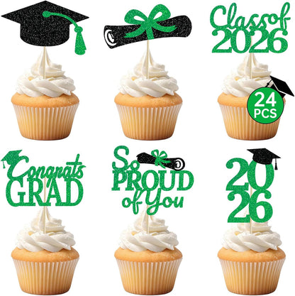 24 Pcs Graduation Cupcake Toppers 2026 - Congrats Grad Decorations Class of 2026, Pre-Assembled Black Gold Grad Cake Topper Centerpieces for Graduation Party Decoration Supplies Table Decor, 6 Styles