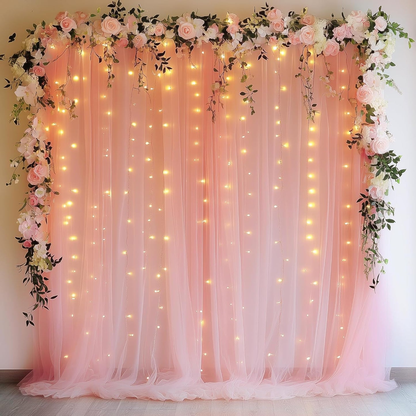 Fomcet Tulle Backdrop Curtains with Lights String White 10FT X 8FT Sheer Curtain with Lights Tulle Curtains Backdrop for Wedding Birthday Party Baby Shower Photo Shoot (2 Panels 5x8FT)