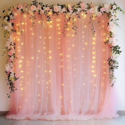 Fomcet Tulle Backdrop Curtains with Lights String White 10FT X 8FT Sheer Curtain with Lights Tulle Curtains Backdrop for Wedding Birthday Party Baby Shower Photo Shoot (2 Panels 5x8FT)