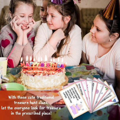 Birthday Treasure Hunt Clue Cards, Cake Scavenger Hunt Game, Set of 19 Cards and 18 Envelopes, Indoor Ourdoor Birthday Party Activities Celebration Game, Birthday Party Decorations - SR7
