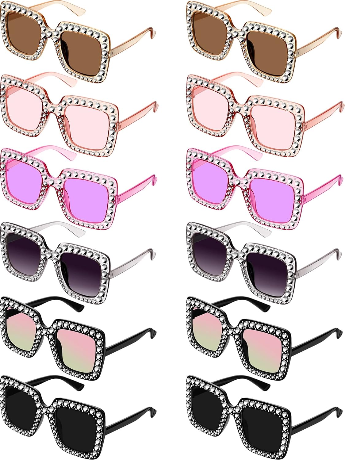 Flutesan 12 Pairs Women Disco Sunglasses Crystal Oversized Sunglasses 70s Rhinestone Diamond Retro Glasses for Rave Festival