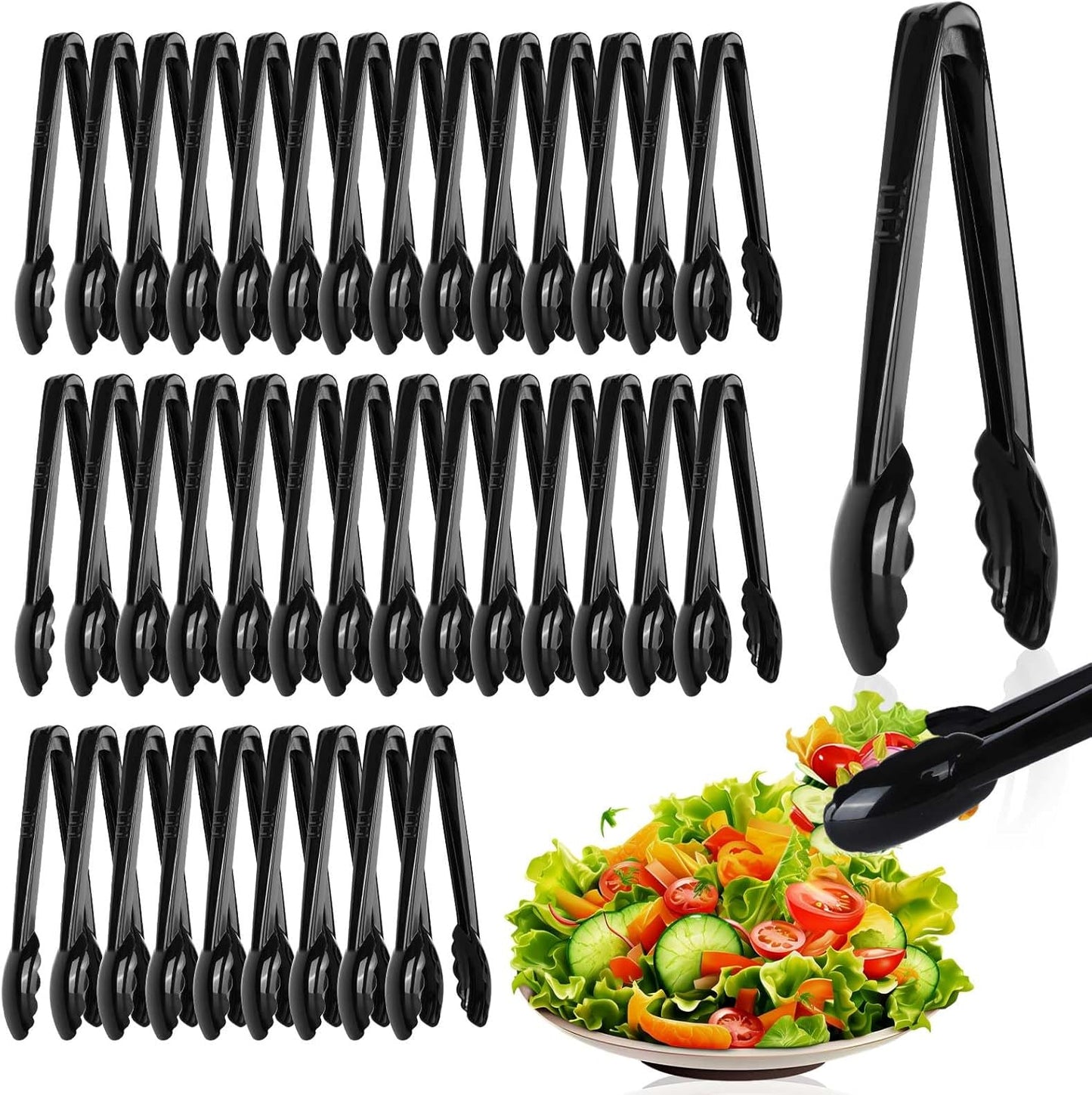 Mwellewm 24 Pc Plastic Tongs for Serving 9 Inch Bulk Reusable or Disposable Tongs Heavy Duty Hard Serving Utensils Set Large Salad Tong for Kitchen Party Food Buffet Appetizer BBQ Event Catering Black