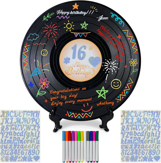 AerWo Vinyl Record Guest Book Alternative for Birthday Party, 12" Retro Sign-in Poster with 12 Colored Pens & 2 Silver Stickers, Unique Keepsake for Birthday, Graduation, Retirement Party Decorations