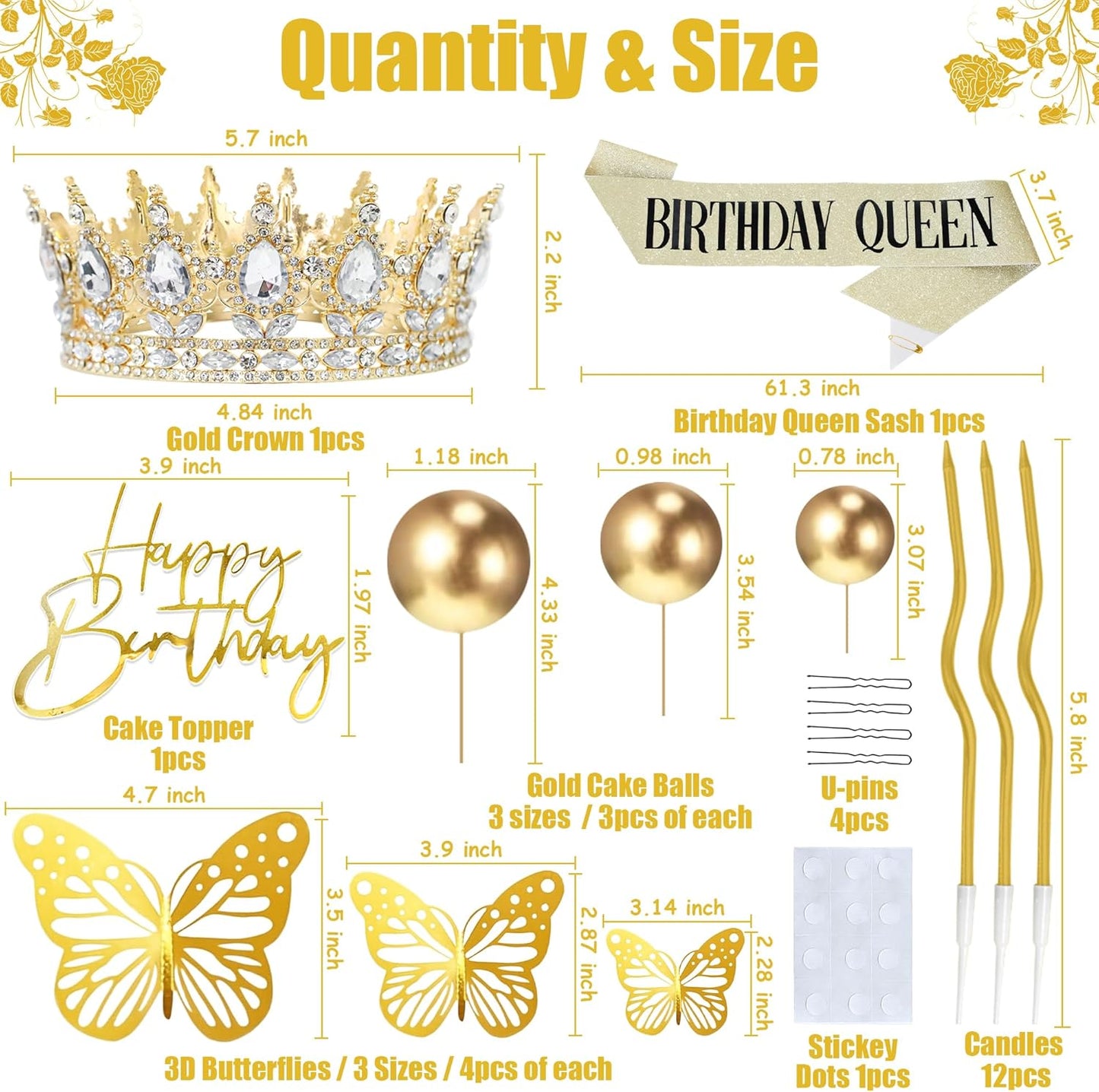 Crown Cake Topper, Balls Happy Birthday Cake Topper Pink Crown Birthday Candles Gold Butterflies, Corona Para Pastel, Cake Decorations for Birthday Wedding (Gold, Pink)