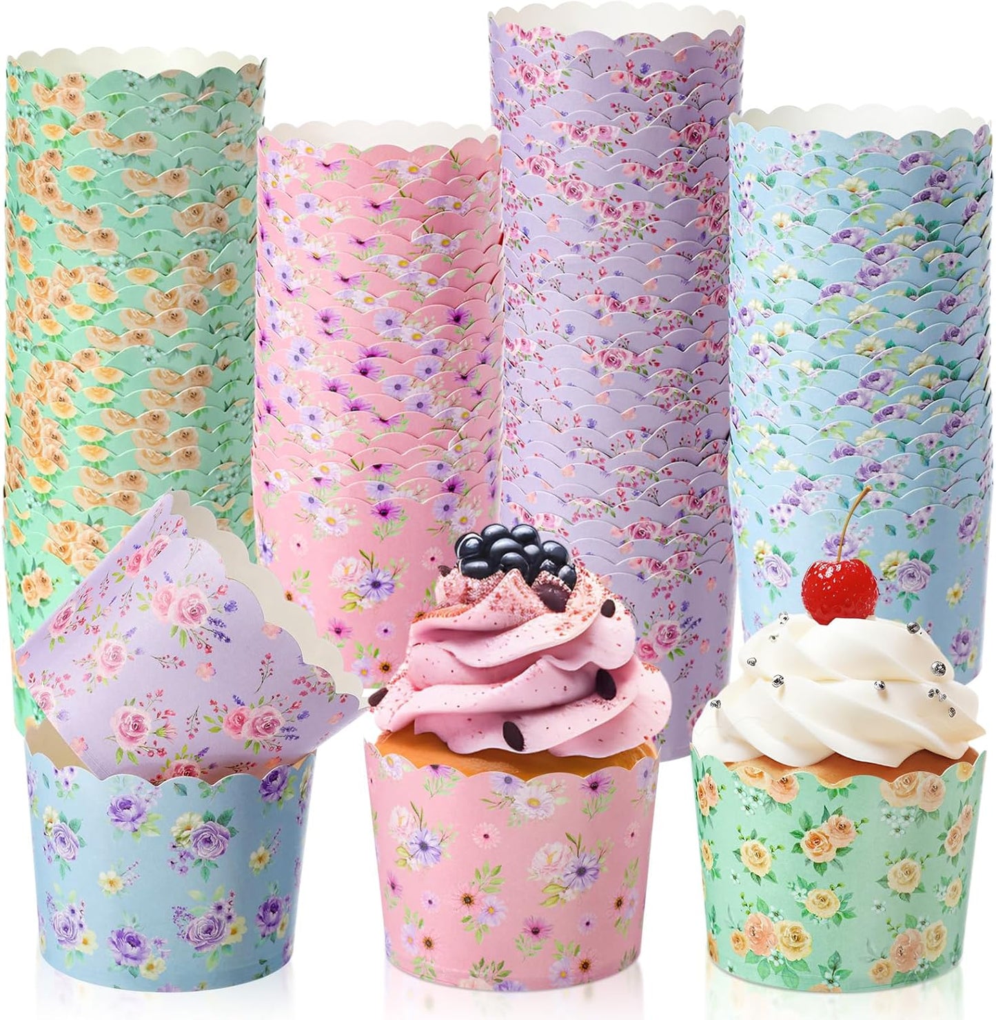Qinyoung 120 Pcs Wildflower Cupcake Liner 4 Design Flower Paper Muffin Liner Scalloped Disposable Floral Baking Cup, Tea Party Baby/Bridal Shower Decoration for Spring Wedding Birthday Party Supplies
