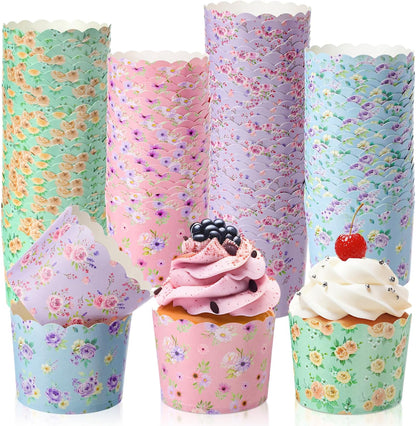 Qinyoung 120 Pcs Wildflower Cupcake Liner 4 Design Flower Paper Muffin Liner Scalloped Disposable Floral Baking Cup, Tea Party Baby/Bridal Shower Decoration for Spring Wedding Birthday Party Supplies