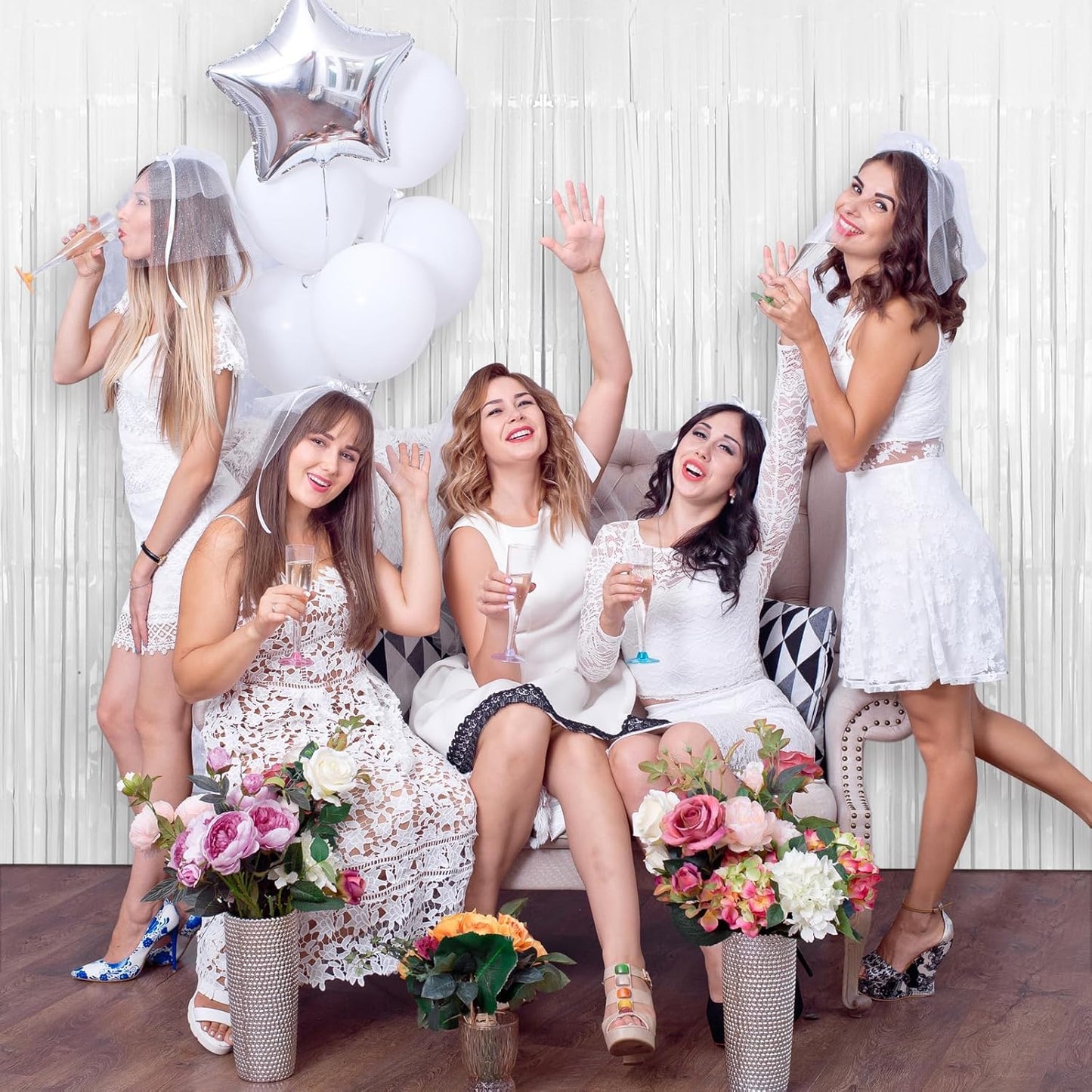 2 Pack 3.2ft x 8.2ft Silver Metallic Tinsel Foil Fringe Curtains, Door Streamer Photo Booth Backdrop for Birthday Graduation Engagement Bridal Shower Bachelorette Baby Shower Party Decorations
