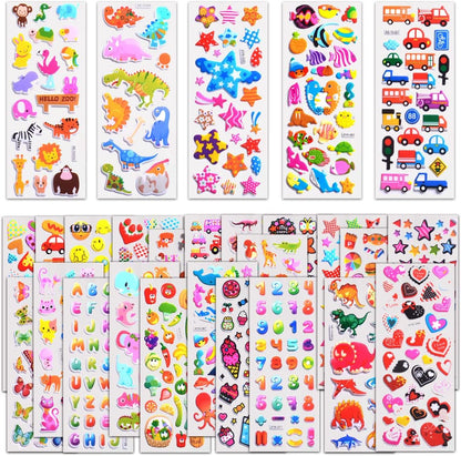 Stickers for Kids 1000+, 3D Puffy Stickers for Kids Toddlers 40 Different Sheets Variety Pack for Scrapbooking, Gifts, Rewards Including Animals, Stars, Fishes, Hearts, Dinosaurs, Cars and More