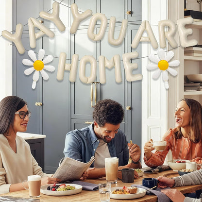Welcome Home Banner Decorations Balloons - 3 Pcs Beige Pre-Strung Yay Youre Home Foil Letter Balloon Banner Decoration for Baby Welcome Back Housewarming Family Reunion Party Decor