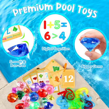 Meaicezli Pool Toys Diving Gems, 54 Pcs Search and Find Pool Games, Diving Toys with Dive Gems, Acrylic Numbers, Scavenger Hunt Game Cards & Mesh Bag, Fun Summer Water Party Favors for Kids 4-12