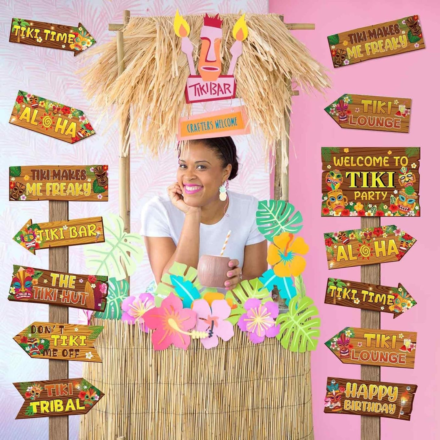 20 Pcs Luau Party Decorations Welcome Sign Summer Hawaiian Directional Signs Tropical Hawaiian Themed Birthday Decorations Luau Tiki Party Supplies with 2 Sheet Letter Stickers