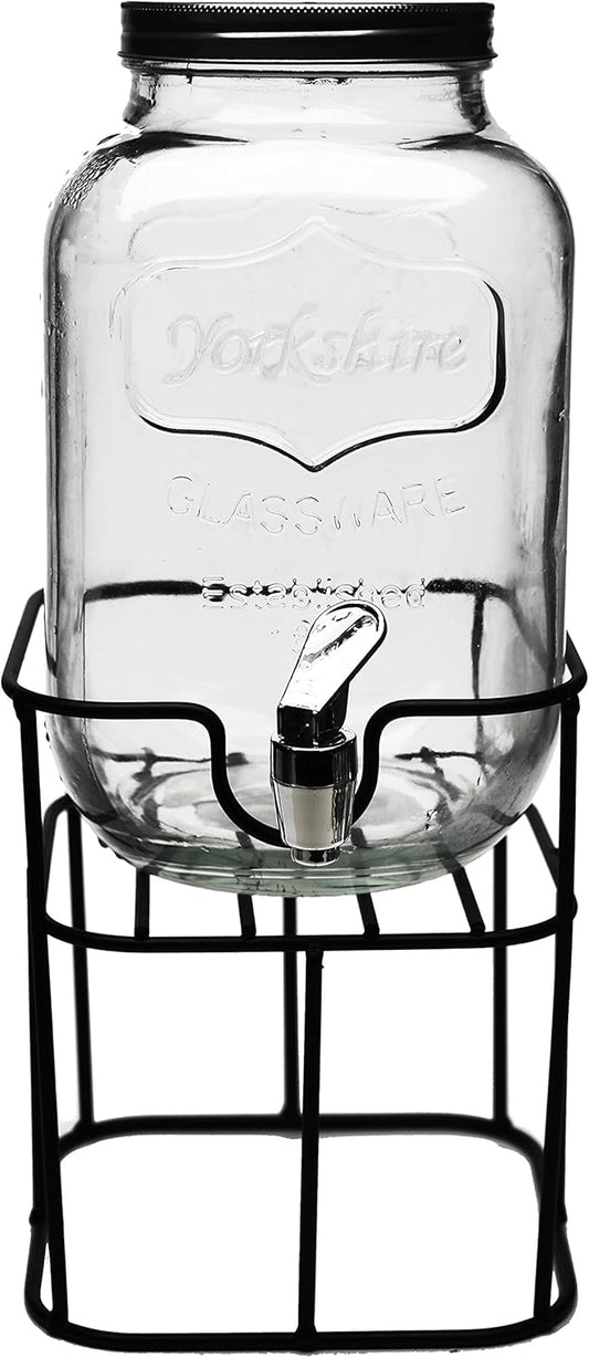Circleware Sun Tea Mini Mason Jar Glass Beverage Dispenser with Lid, Glassware For Water, Juice, Beer, Wine, Liquor, Kombucha Iced Punch & Cold Drinks, Classic Yorkshire 1 Gallon with Stand