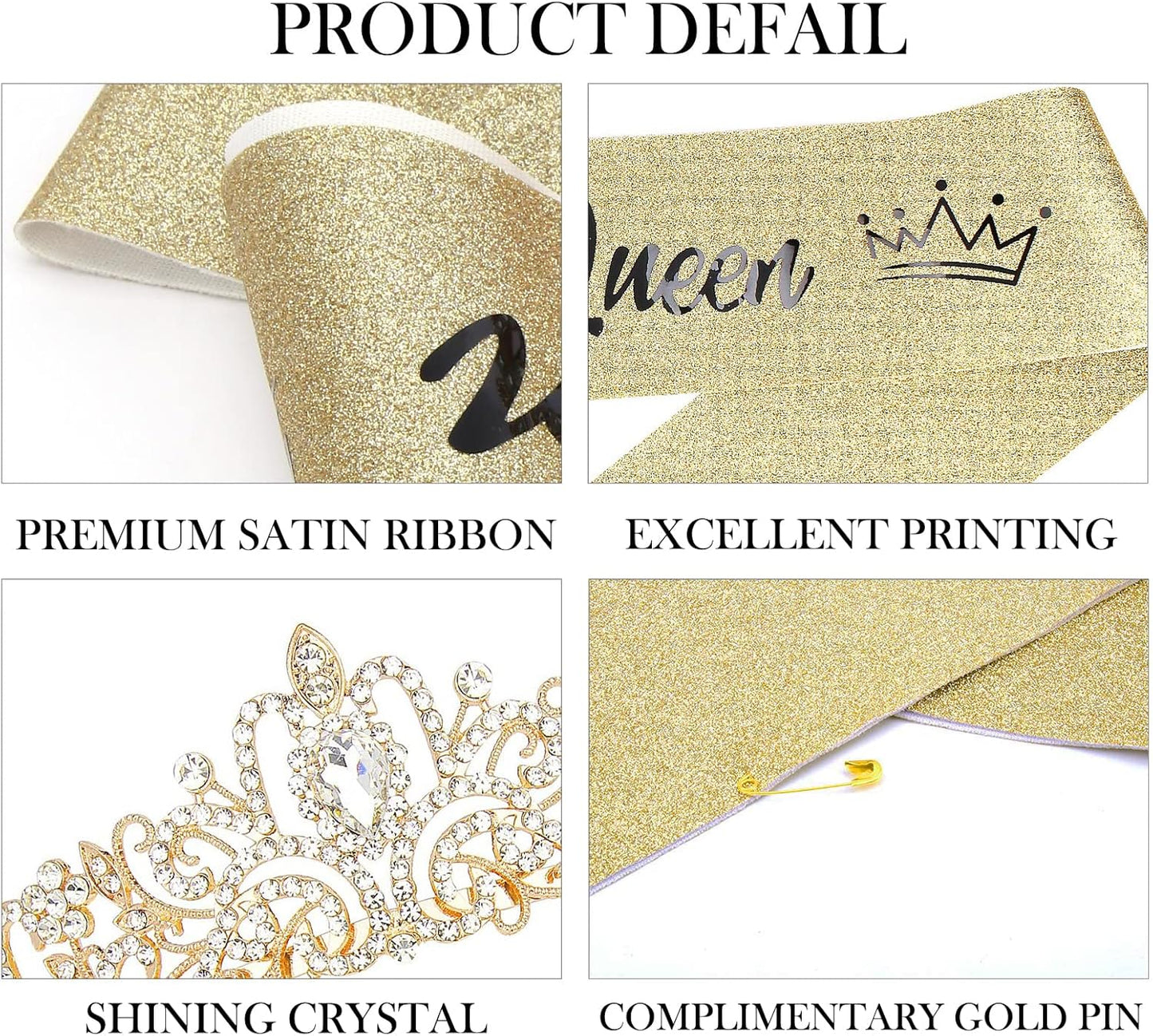 COCIDE Birthday Queen Sash & Rhinestone Tiara Set Gold Happy Birthday Crowns for Women Party Decoration Kit Rhinestone Headband for Women Glitter Crystal Hair Accessories for Cake Topper