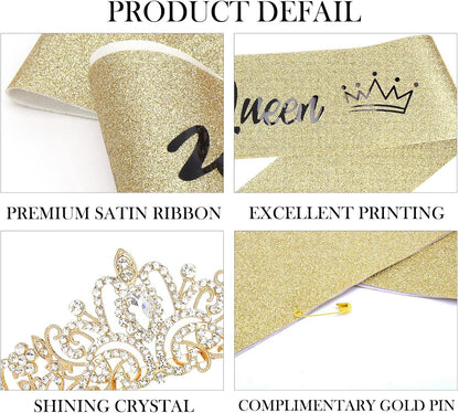 COCIDE Birthday Queen Sash & Rhinestone Tiara Set Gold Happy Birthday Crowns for Women Party Decoration Kit Rhinestone Headband for Women Glitter Crystal Hair Accessories for Cake Topper