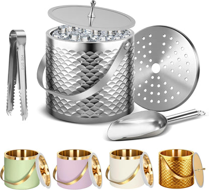 Ice Bucket, Ice Bucket with Silicone Sealing Ring Double-Wall Vacuum Insulation Champagne Buckets with Filter Layer Ice Tongs Ice Scoop (Gold, 3 L)