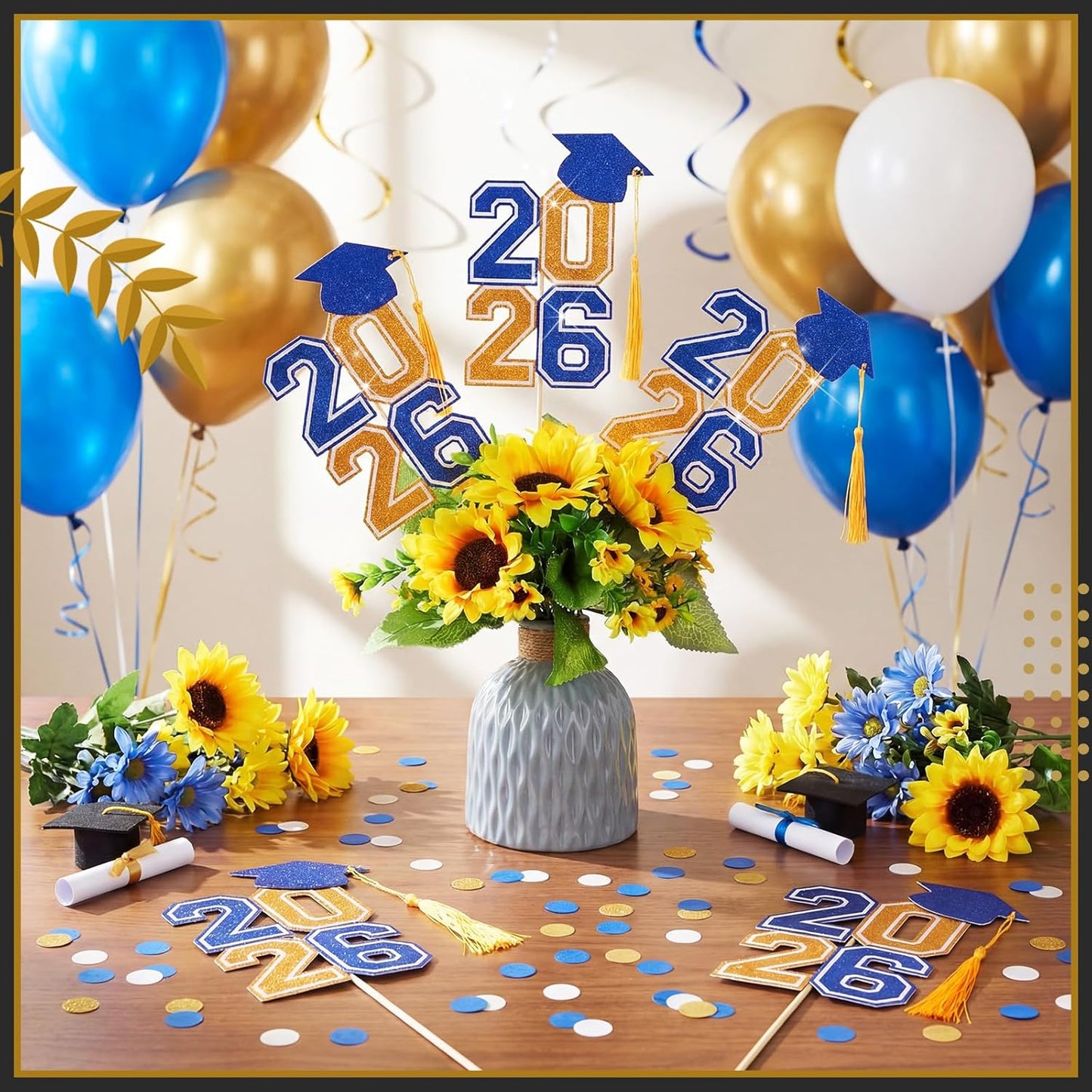 10 Pcs Graduation Table Centerpieces Sticks with Tassels, class of 2026 Grad Cap Picks Table Decoration Cupcake Toppers for Party Centerpiece Decoration Supplies(Blue and Gold)