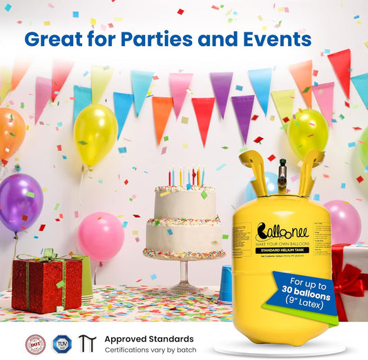 Balloonee Standard Disposable Helium Party Kit, Helium Tank for Balloons At Home, 7.5 Cu Ft Helium Balloon Pump Kit with 30 Assorted Latex Balloons, Helium Tank
