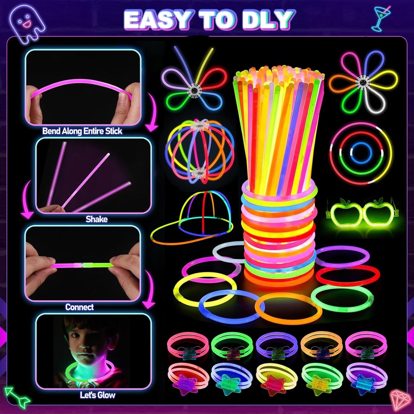 470psc Glow in the Dark Party Supplies for Adults Birthdays,Light Up Party Favors with 200 Glow Sticks Bulk,DIY Glow Necklaces Glasses Bracelets Headband, Christmas Neon Party Supplies