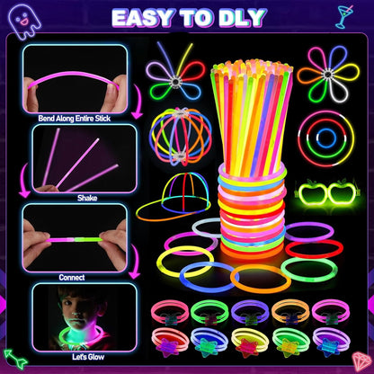 470psc Glow in the Dark Party Supplies for Adults Birthdays,Light Up Party Favors with 200 Glow Sticks Bulk,DIY Glow Necklaces Glasses Bracelets Headband, Christmas Neon Party Supplies