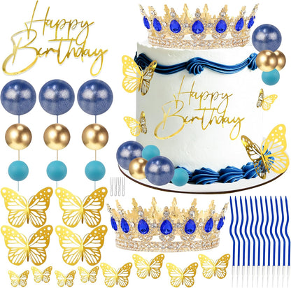 Crown Cake Topper, Balls Happy Birthday Cake Topper Pink Crown Birthday Candles Gold Butterflies, Corona Para Pastel, Cake Decorations for Birthday Wedding (Gold, Pink)