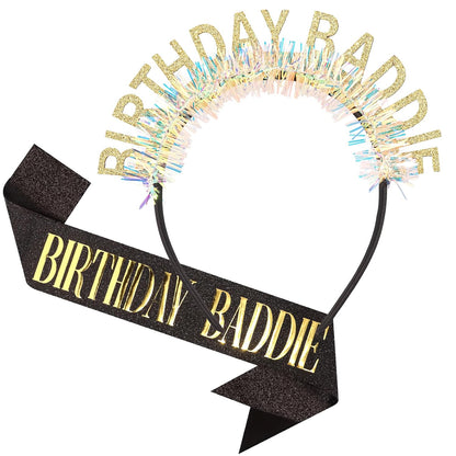 Chanaco Birthday Sash and Headband For Women Birthday Girl Sash Party Decorations Gold and Black Crown Outfit Baddie Accessories Trendy Gifts Dress