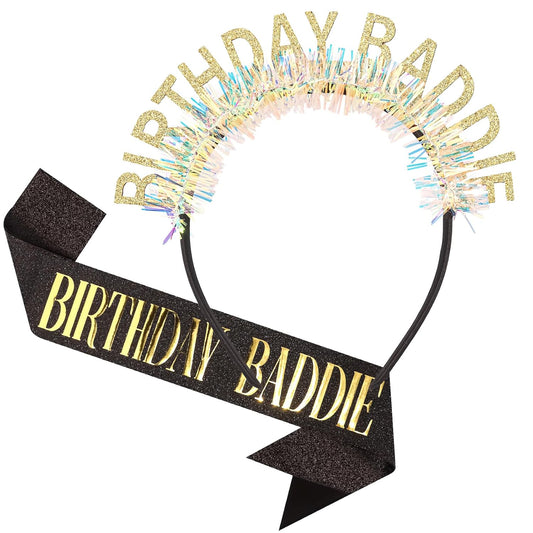 Chanaco Birthday Sash and Headband For Women Birthday Girl Sash Party Decorations Gold and Black Crown Outfit Baddie Accessories Trendy Gifts Dress