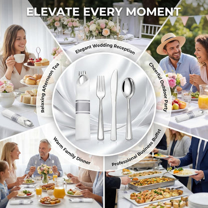 Liacere 100 Pack Silver Plastic Silverware-Pre Wrapped cutlery and Napkin-Pre Rolled Silverware Disposable 100 Forks, 100 Knives 100 Spoons, 100 Napkins Plastic Utensils＆Wedding