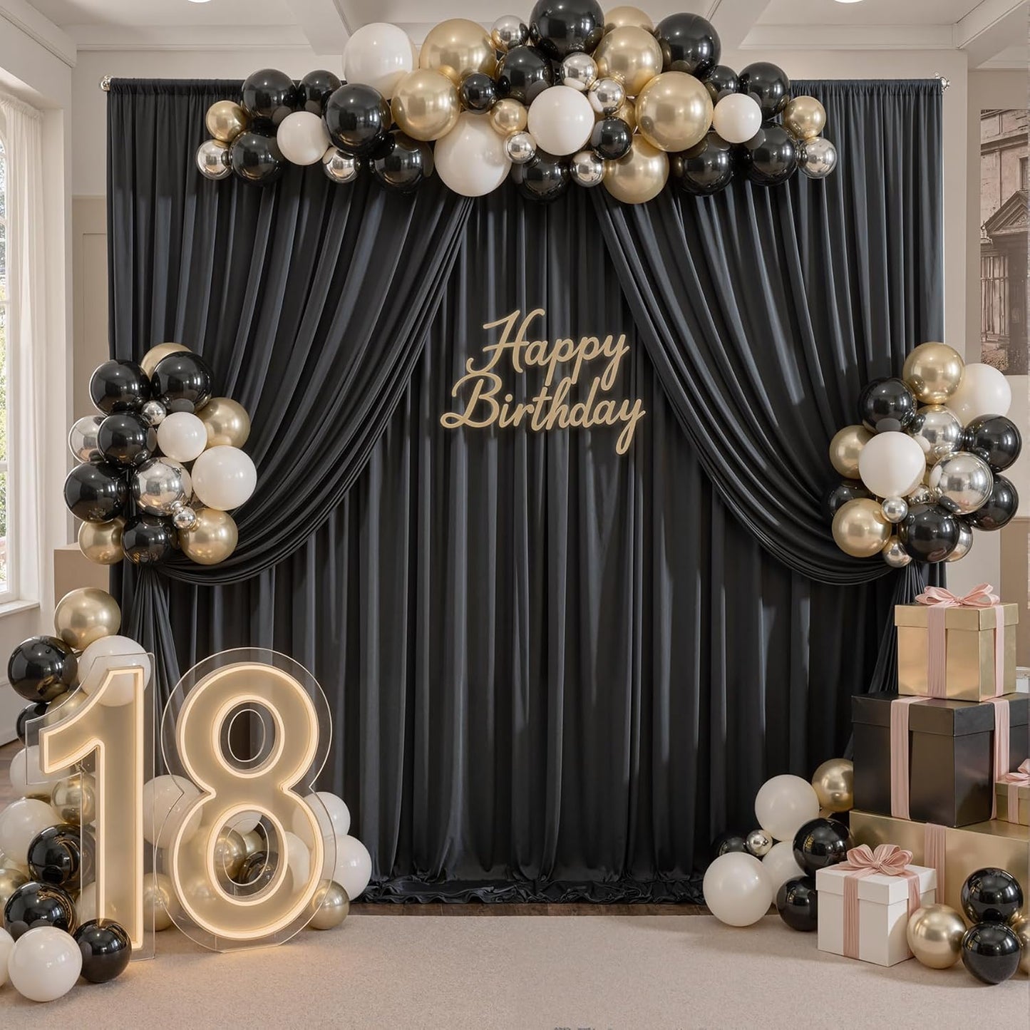 10ftx10ft Black Backdrop Curtains for Weddings Parties, Wrinkle Free 2 Panels Silky Polyester Photo Backdrop Drapes Back Drop Cloth Drapery for Birthday Mother'sDay Photography Background
