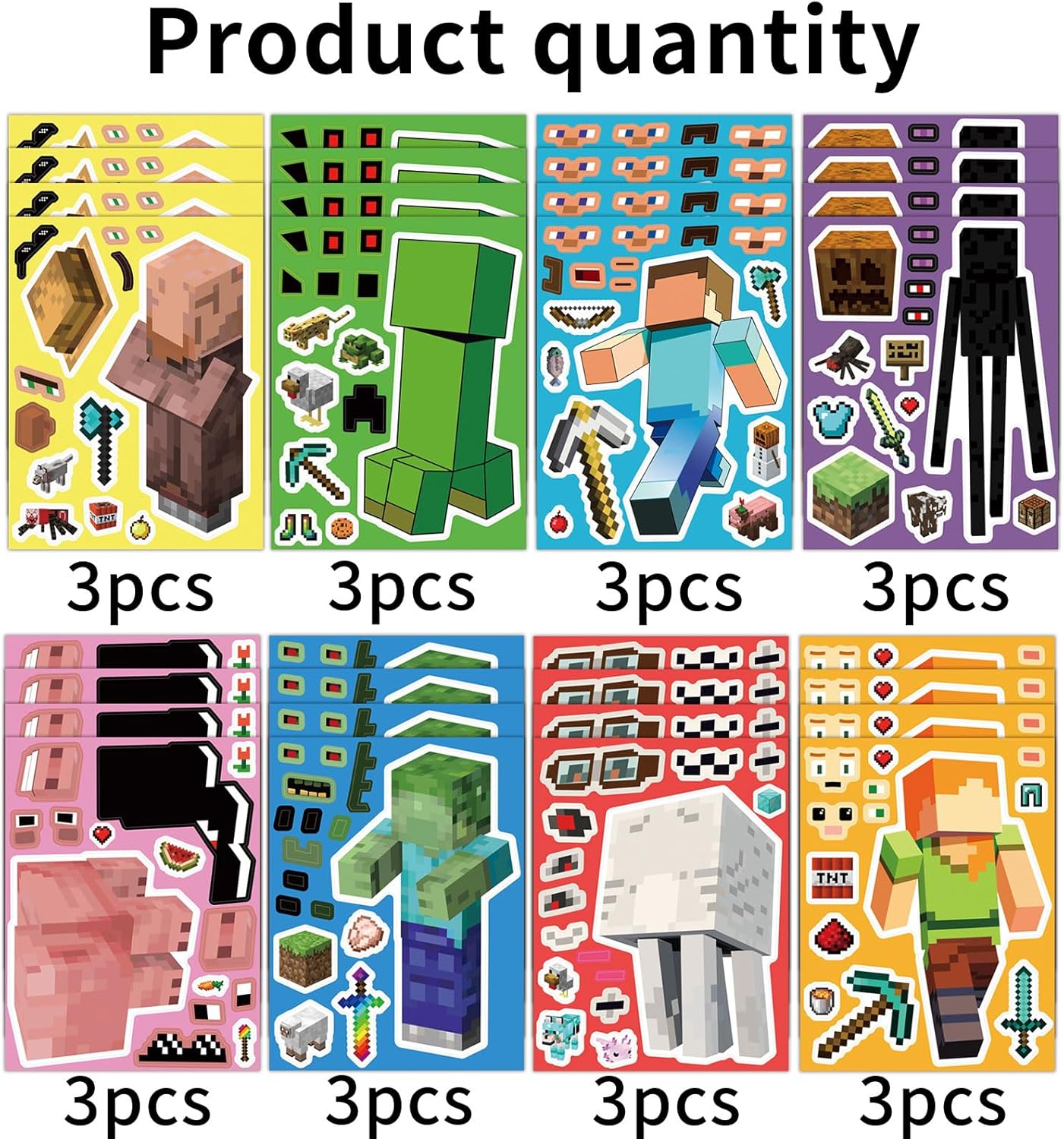 24 Sheets Cartoon Stickers, Mixed & Matched with 8 Designed Characters(3 of Each) Stickers, Cute Pixel Party Favors
