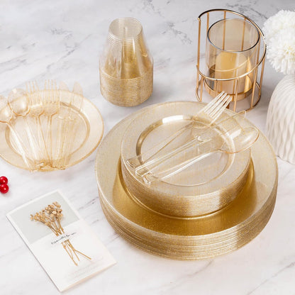 Goodluck 200PCS Gold Plastic Plates, Heavy Duty Disposable Gold Plates with 100 10.25 inch Dinner Plates and 100 7.5 inch Dessert Plates for Party, Holiday, Wedding, Thanksgiving