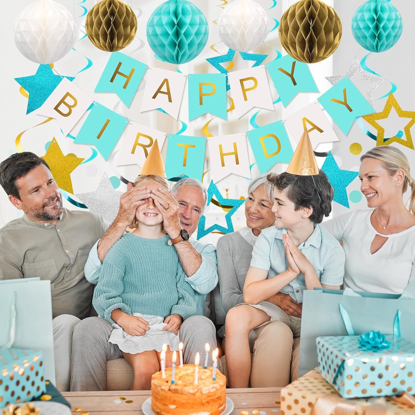 meowtastic Birthday Decorations, Happy Birthday Banner with Honeycomb Balls, Stars Hanging Swirl Streamers, Circle Dots Garland, Happy Birthday Party Decorations for Women Men Boys Girls (Blue)