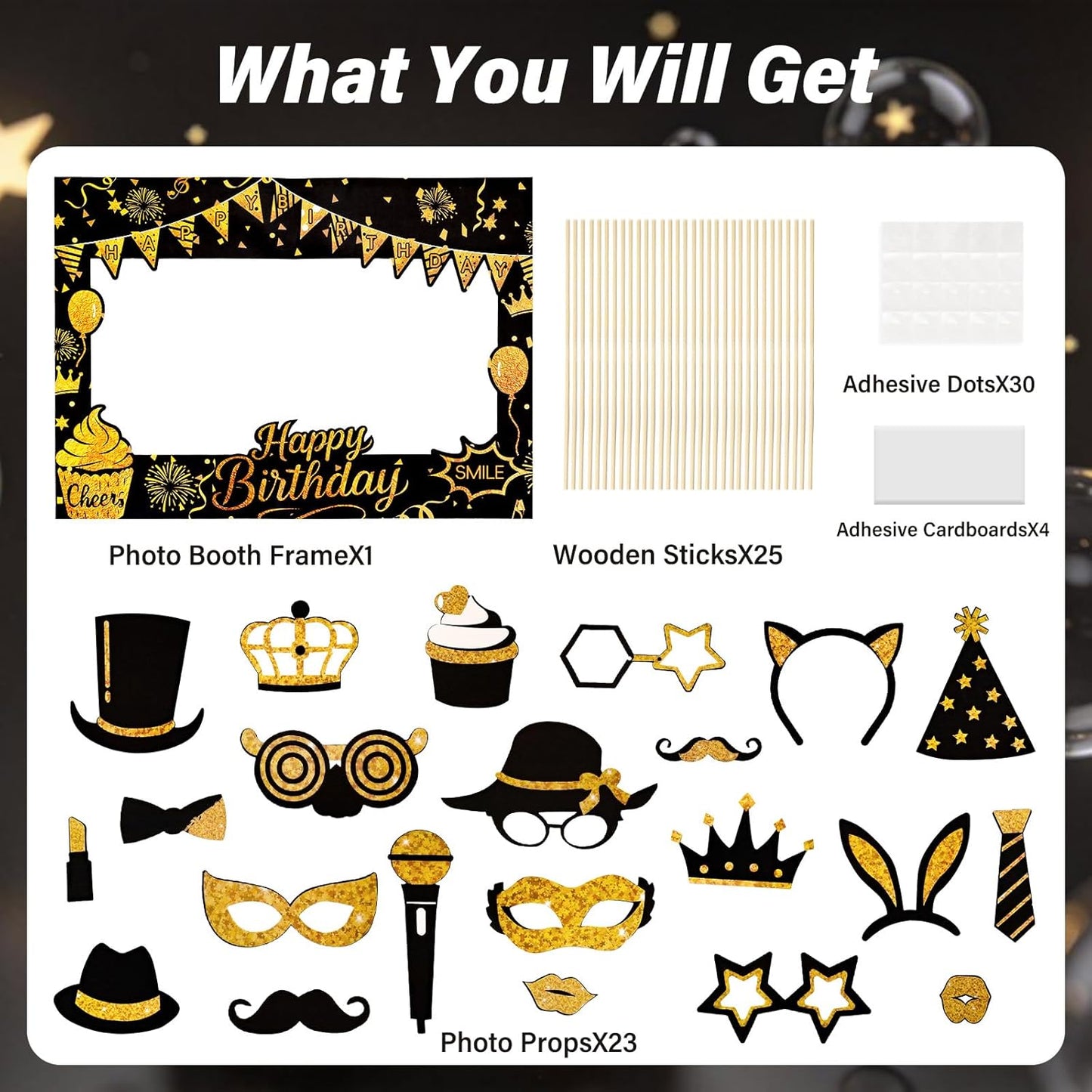 Fnuqz Black Gold Birthday Photo Booth Frame 23Pcs Photo Booth Props Set Party Selfie Birthday Party Decorations Funny Cute Selfie Supplies
