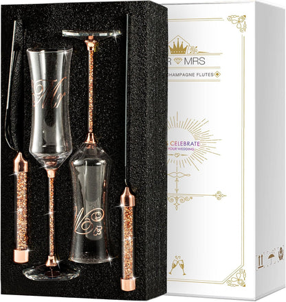 Wedding Cake Knife and Server Set, Wedding Cake Cutting Set with Mr and Champagne Flutes Glasses for Bride and Groom Gifts for Couples