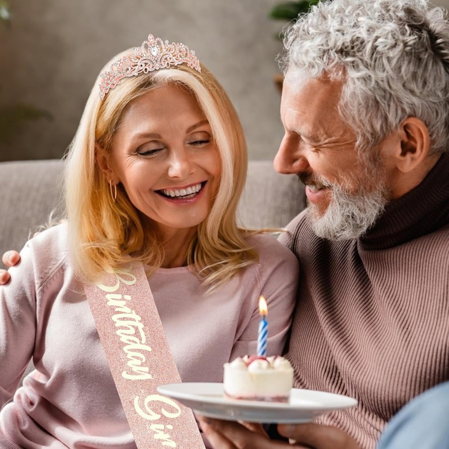 CIEHER Birthday Girl Crown and Sash - Rose Gold Tiara Birthday Decorations for Women and Girls