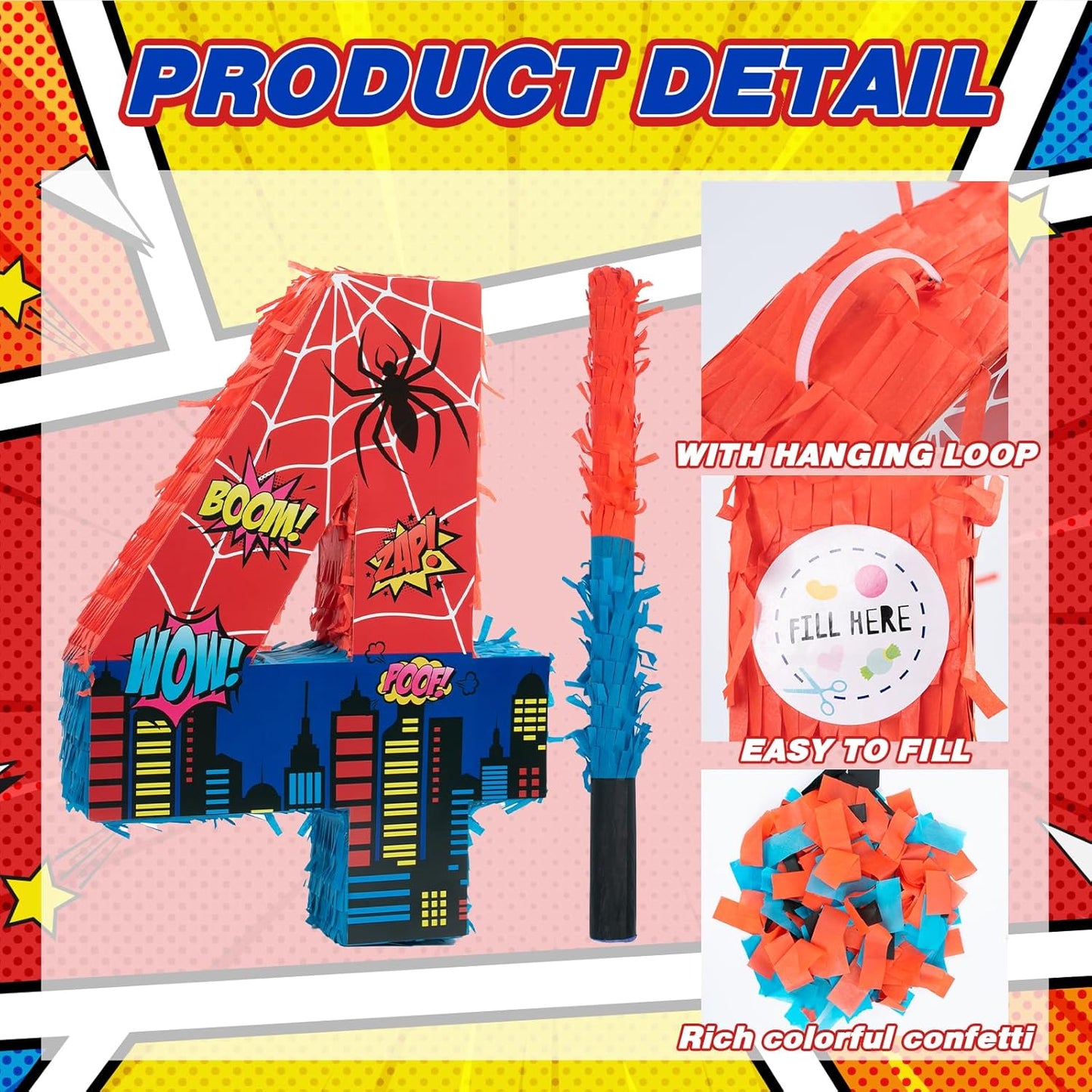 Number 4 Spider Pinata Bundle with 16 Inch Piñata Stick Blindfold Confetti for Hero Birthday Party Decoration Anniversary Celebration Gift Spider Party Favors for Kids, 16 x 11.6 x 2.4 Inch