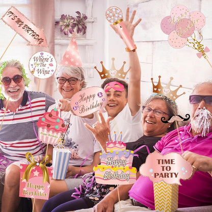 33PCS Glitter Birthday Photo Booth Props, LMSHOWOWO Rose Gold Party Photobooth Props Fun Selfie Props with Lips, Crowns, Flowers, Lipsticks for All Ages Girls Women Birthday Decorations