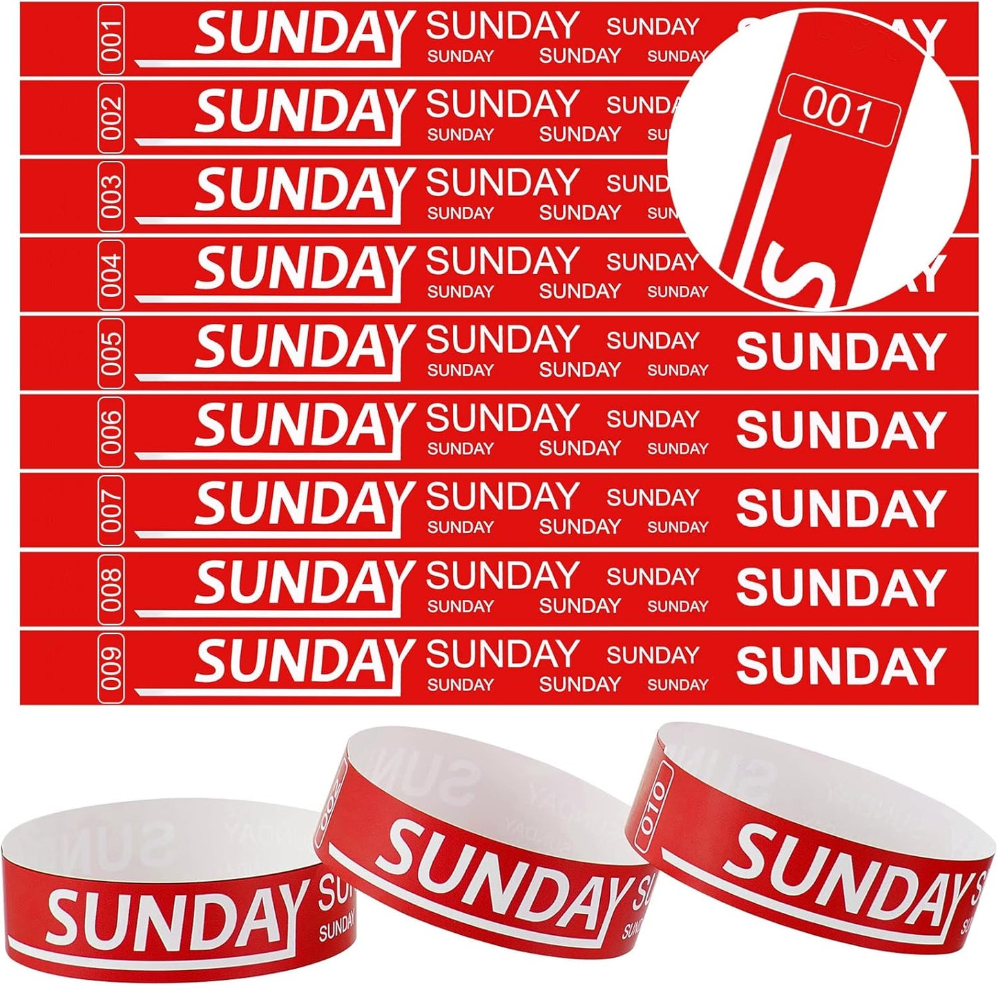 Henoyso 600 Pcs Saturday Paper Wristbands Event Admission Paper Bracelets Numbered Waterproof Party Armbands for Events Day of the Week(Red)