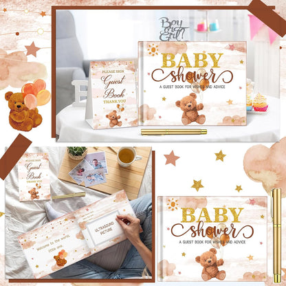 Fuyoooo 27 Pcs Safari Animal Baby Shower Guest Book Set Baby Shower Sign in Guest Floral Book Place Table Cards with Gold Pen Adhesive Photo Corner for Birthday Party