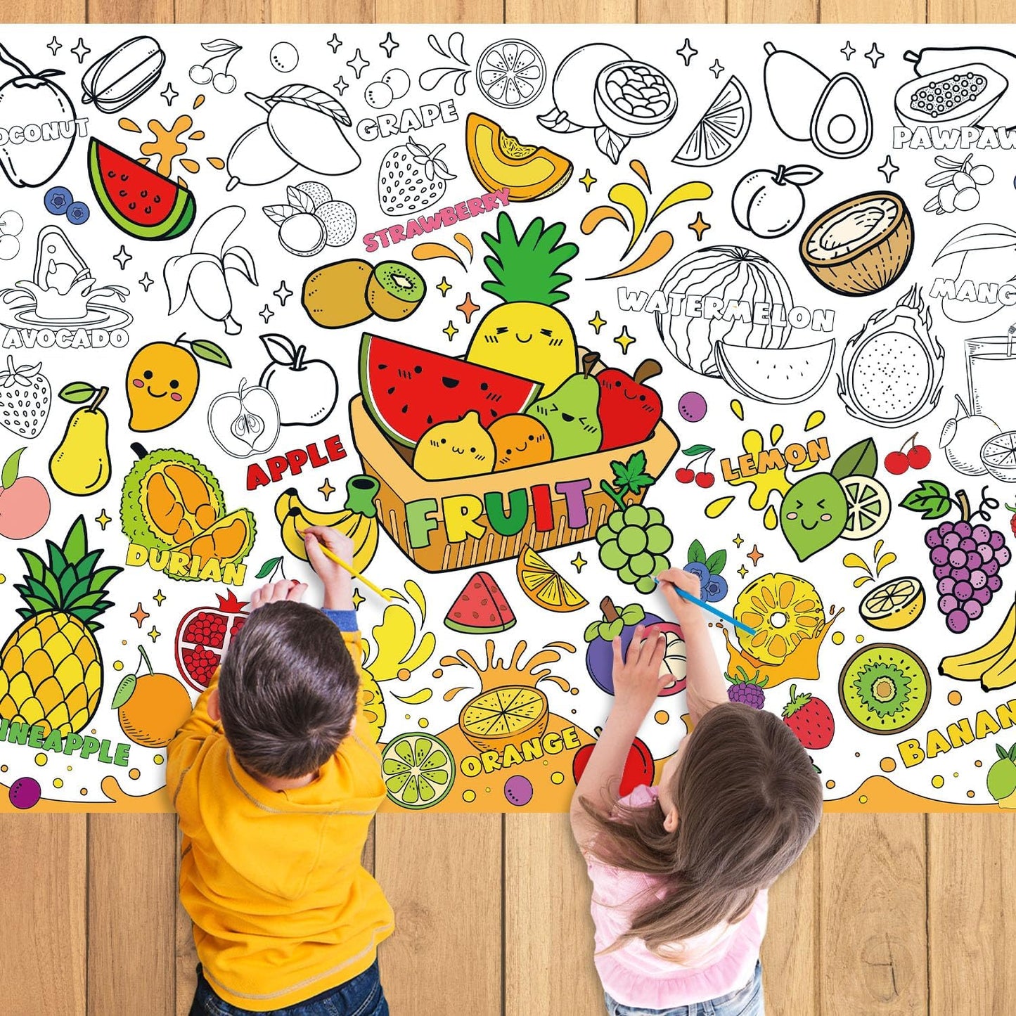 43.3x31.5 Summer Coloring Poster with Picture, Giant Cute Painting Poster, Large Coloring Tablecloth for Classroom Home Birthday Party Supplies Favor