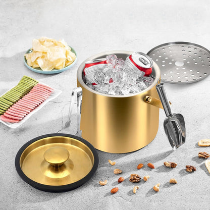 Gold Ice Bucket 3.2L – Double Wall Insulated Stainless Steel Ice Bucket with Lid, Scoop & Tongs – Large Champagne Bucket for Parties, Bar Cart, Outdoor Events, Cocktail & Wine Chilling