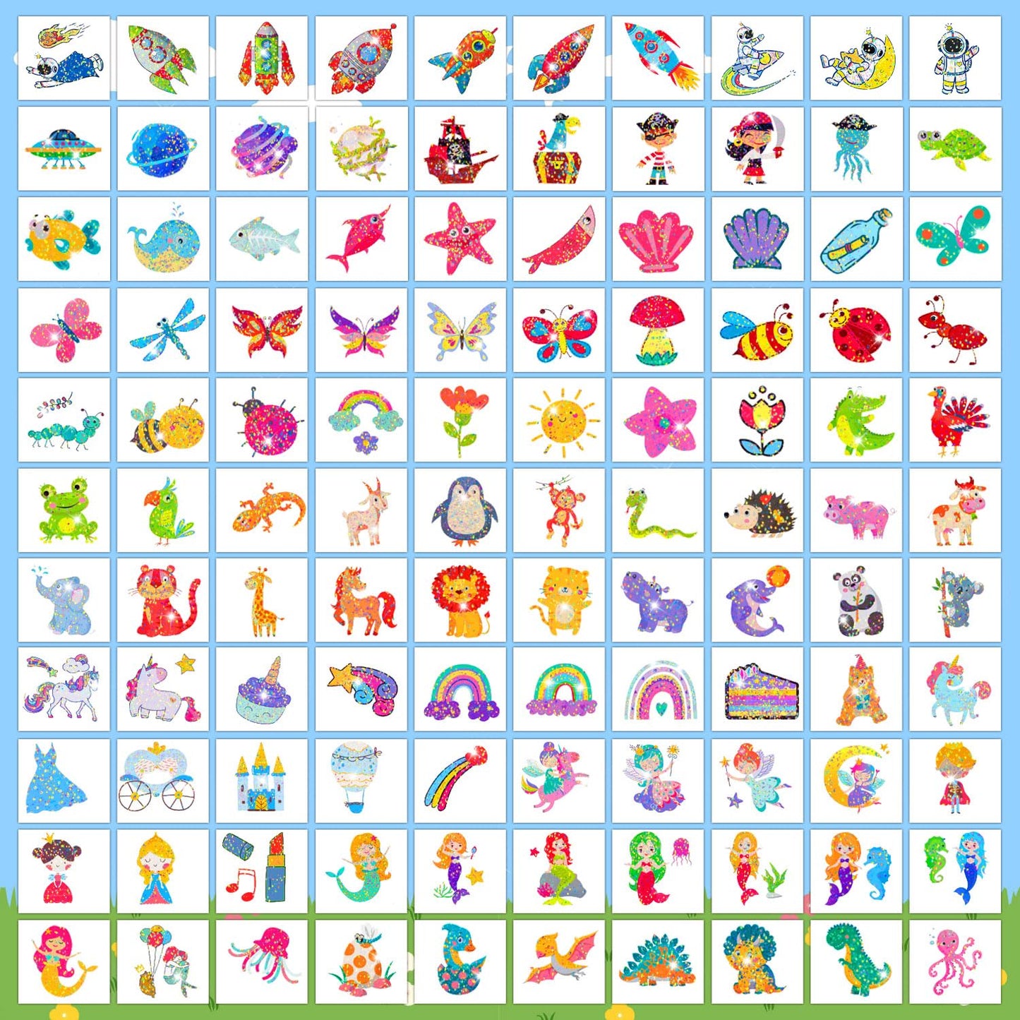 Partywind 408 PCS Temporary Tattoos for Kids, Glow and Glitter Fake Tattoo Stickers for Boys Girls Party Supplies Favors, Cute Goodie Bag Stuffers for Children (Individually Wrapped Sheet)