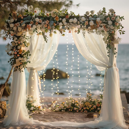 Fomcet Tulle Backdrop Curtains with Lights String White 10FT X 8FT Sheer Curtain with Lights Tulle Curtains Backdrop for Wedding Birthday Party Baby Shower Photo Shoot (2 Panels 5x8FT)