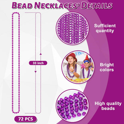 EOBOH 144PCS Mardi Gras Beads, Metallic 12 Kinds Bead Necklace Party Supplies, 33" Mardi Gras Necklace Costume Stuff, Festival Parade Throw Accessories for Wedding Birthday Celebrations Decorations