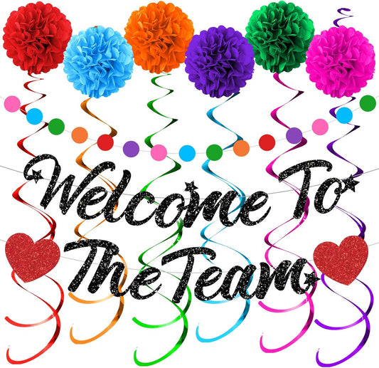 Welcome To The Team Party Decorations Black Glittery Welcome Signs Banner Hanging Swirls Colorful Paper Pompoms Circle Dots Garland for New Employee Coworker Teacher Colleague Staff Team Member Office Party